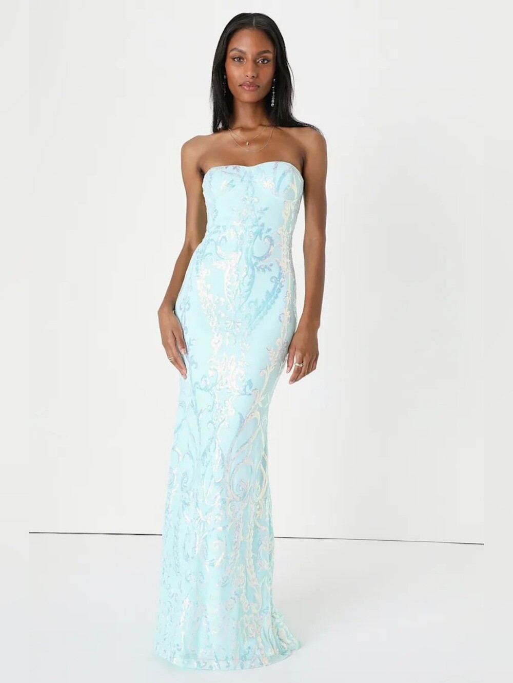 Lulus Made to Stun Light Blue Sequin Strapless Mermaid Maxi Dress XL Wedding - Picture 2 of 11